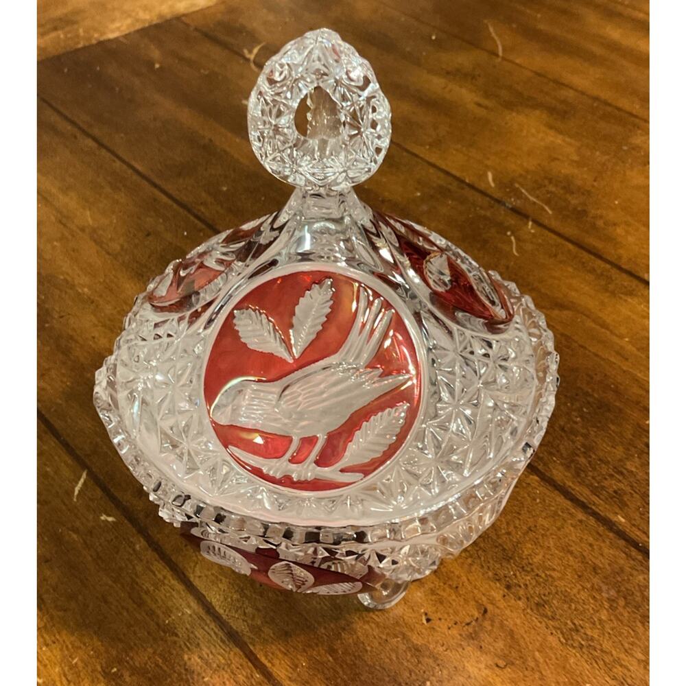 Hofbauer Byrdes German Crystal Ruby Red Bird Footed Bowl w/Lid